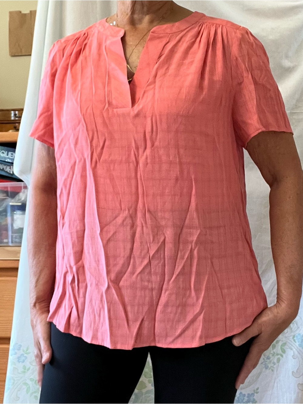 Investments Coral-Pink Short Sleeve Split V-Neck Blouse